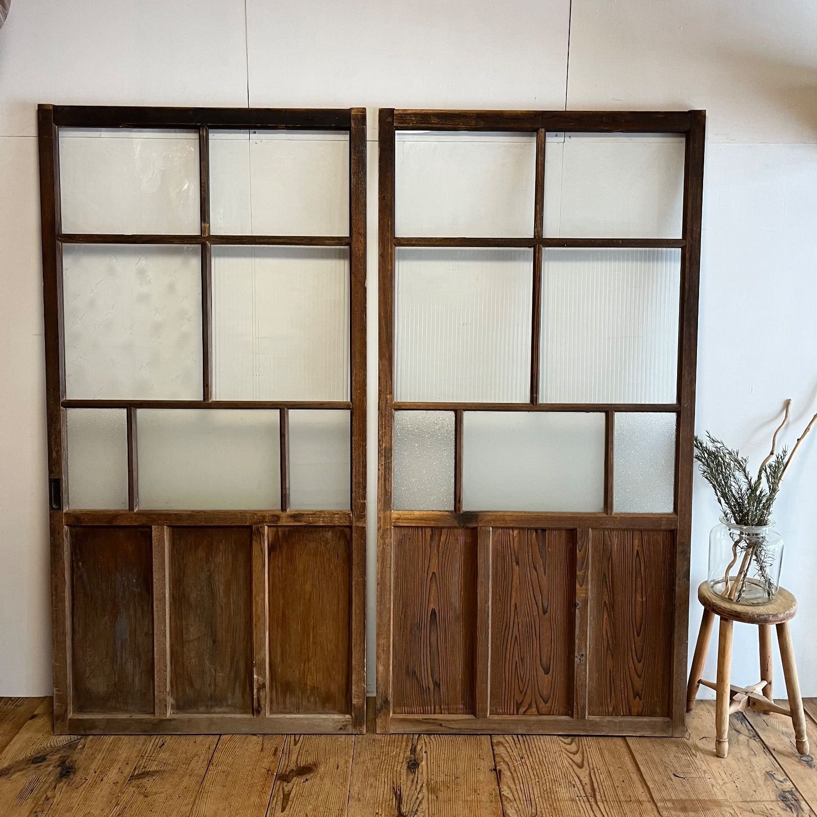 2枚セット アンティーク モールガラス 木枠 古建具 格子戸 すりガラス