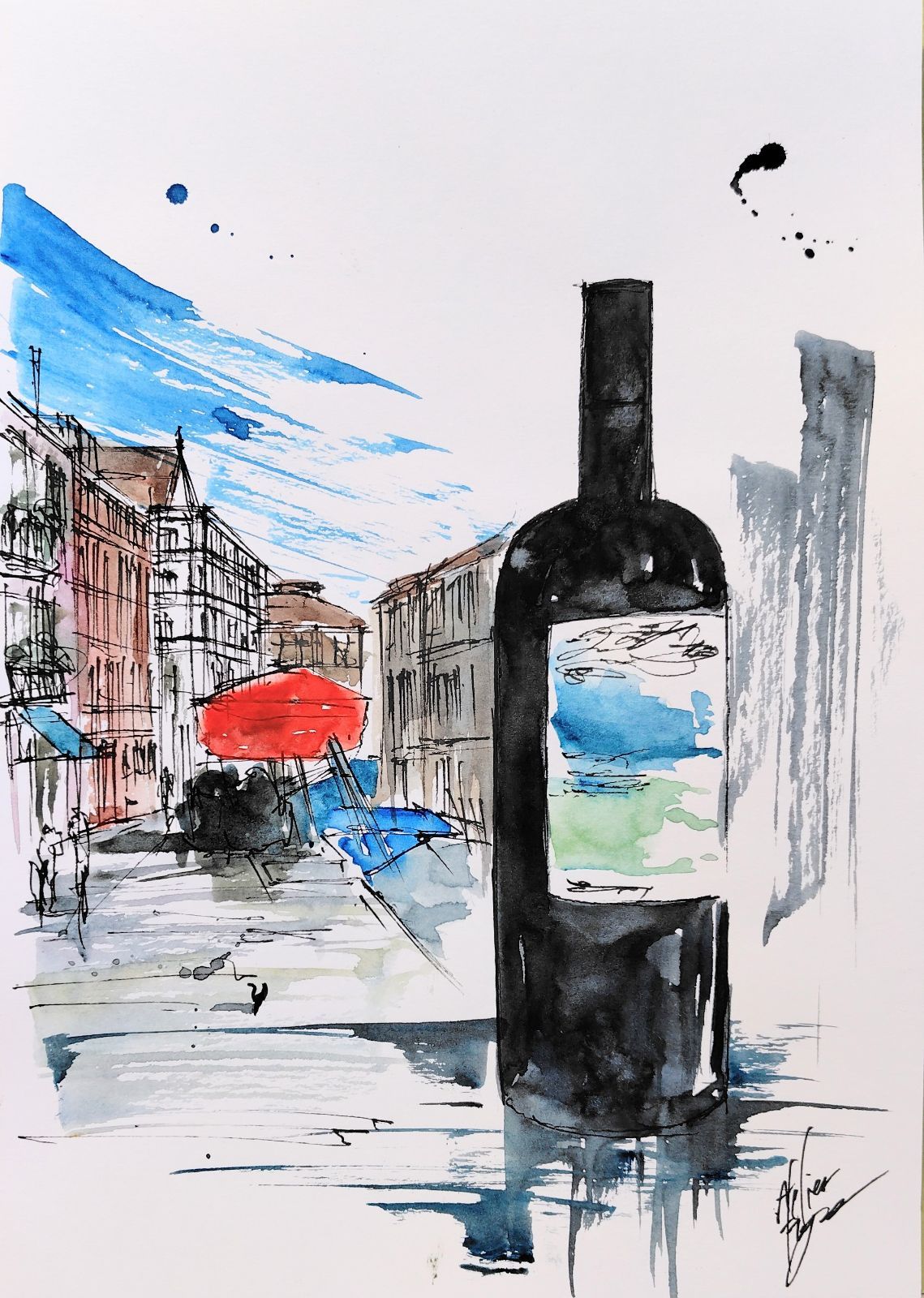 原画#3967 黒猫 星空 ベネチア 水彩画 ドローイング インテリア 絵画