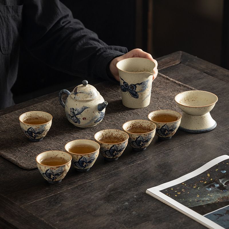 新品未使用】青花火石紅工夫茶器セット家庭用陶磁器三才蓋碗茶杯中国式