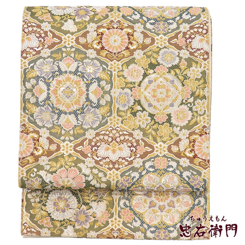 袋帯 正絹 六通柄 緑 セール中 亀甲華文 豪華 品格 長さ439cm 幅