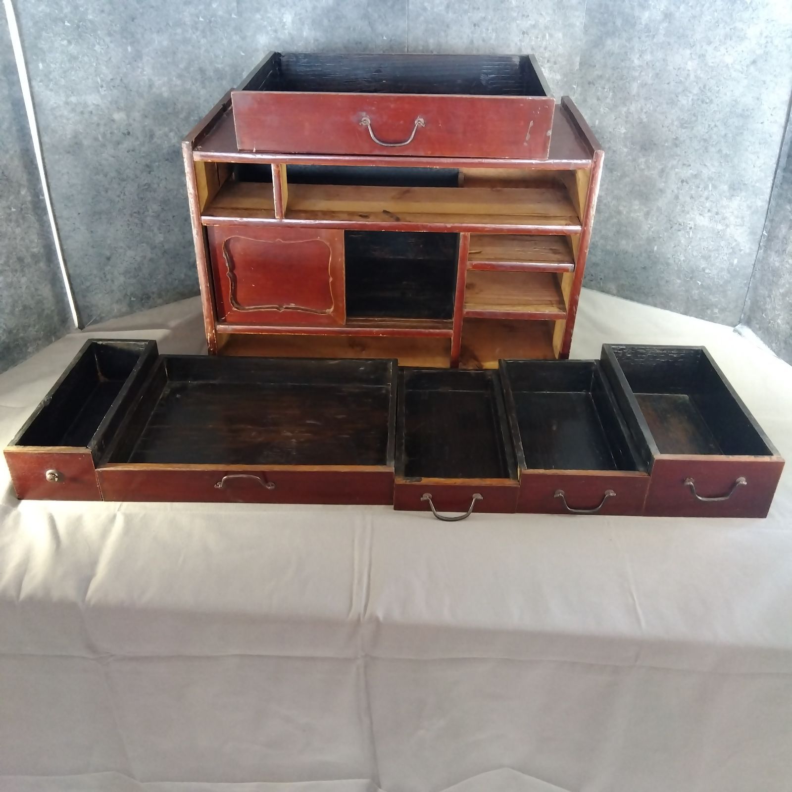 上蓋付き 木製収納箱 引き出し付き 小箪笥 道具箱 昭和レトロ A678