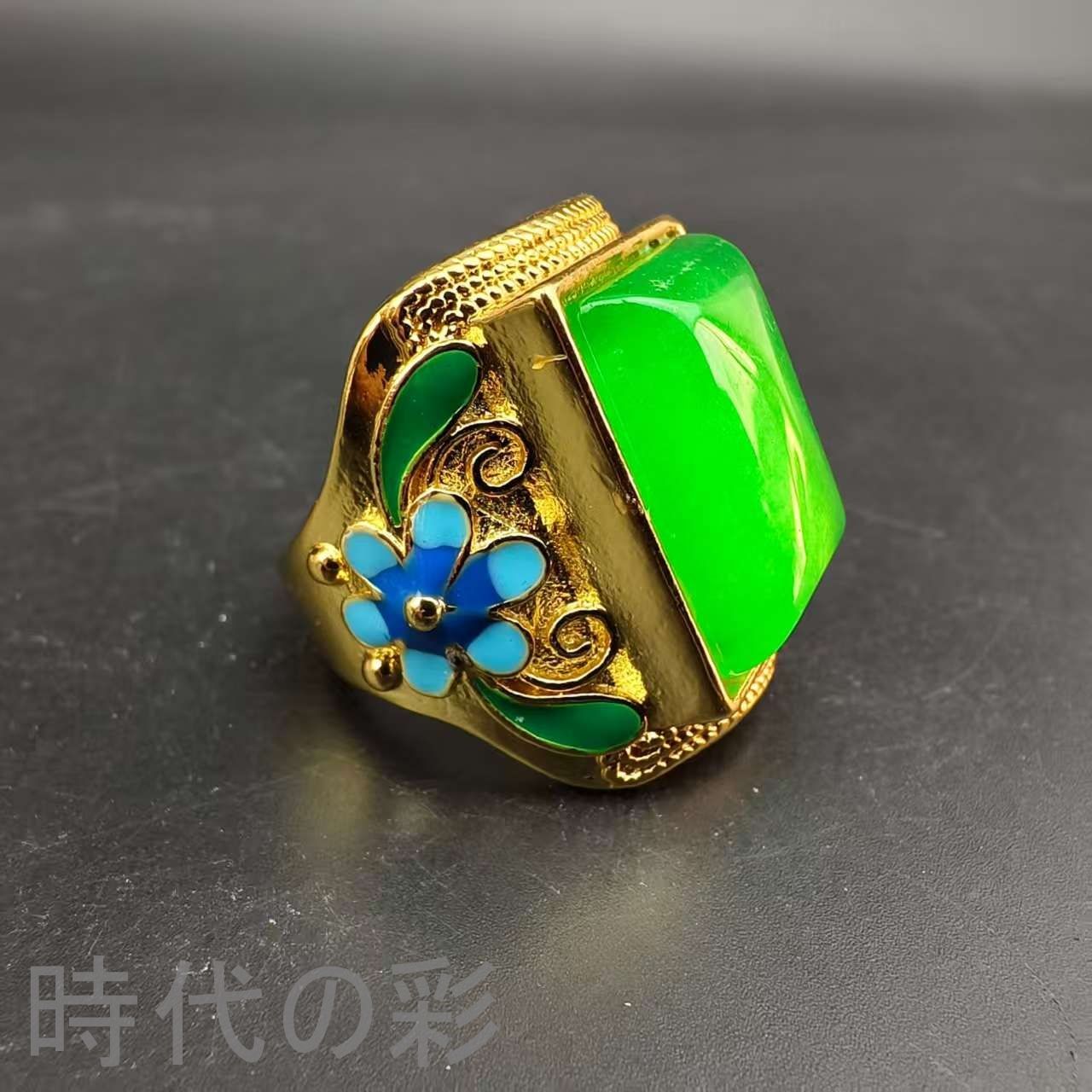 老翡翠 景泰藍嵌め指輪』中国古美術 冰種満緑 手工彫刻 玉器 裝身具