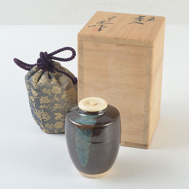 茶入 工芸品/茶道具 京都清水焼 桶谷定一作 肩衝茶入 金襴仕覆付 茶入