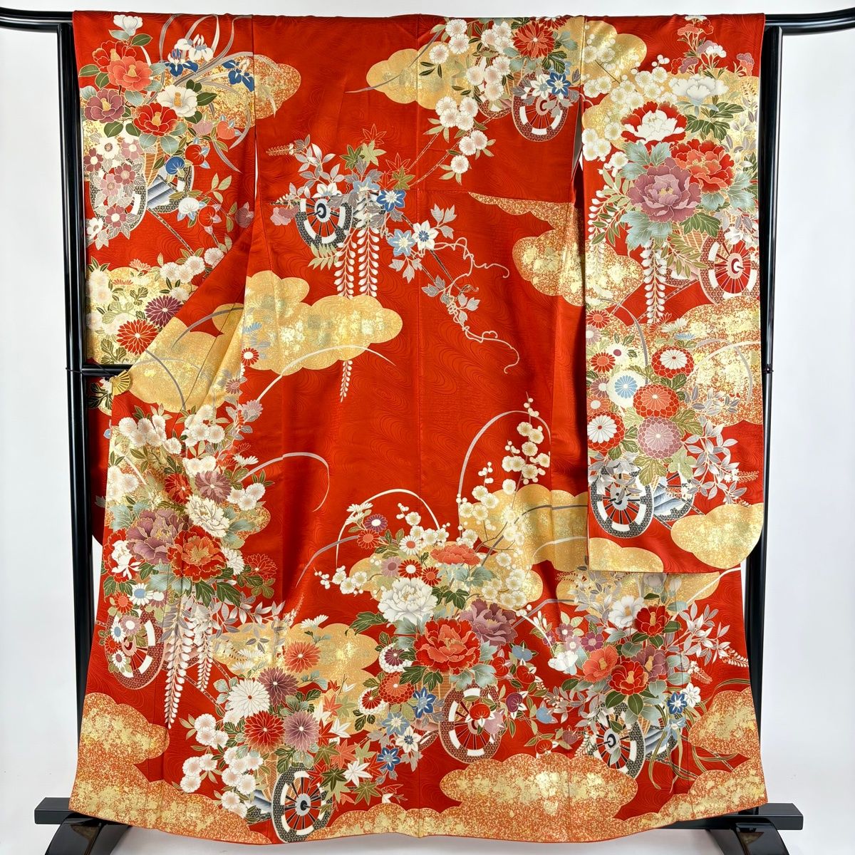 振袖 身丈161cm 裄丈63.5cm S 袷 鈴乃屋 花車 牡丹 金彩 金糸 朱色