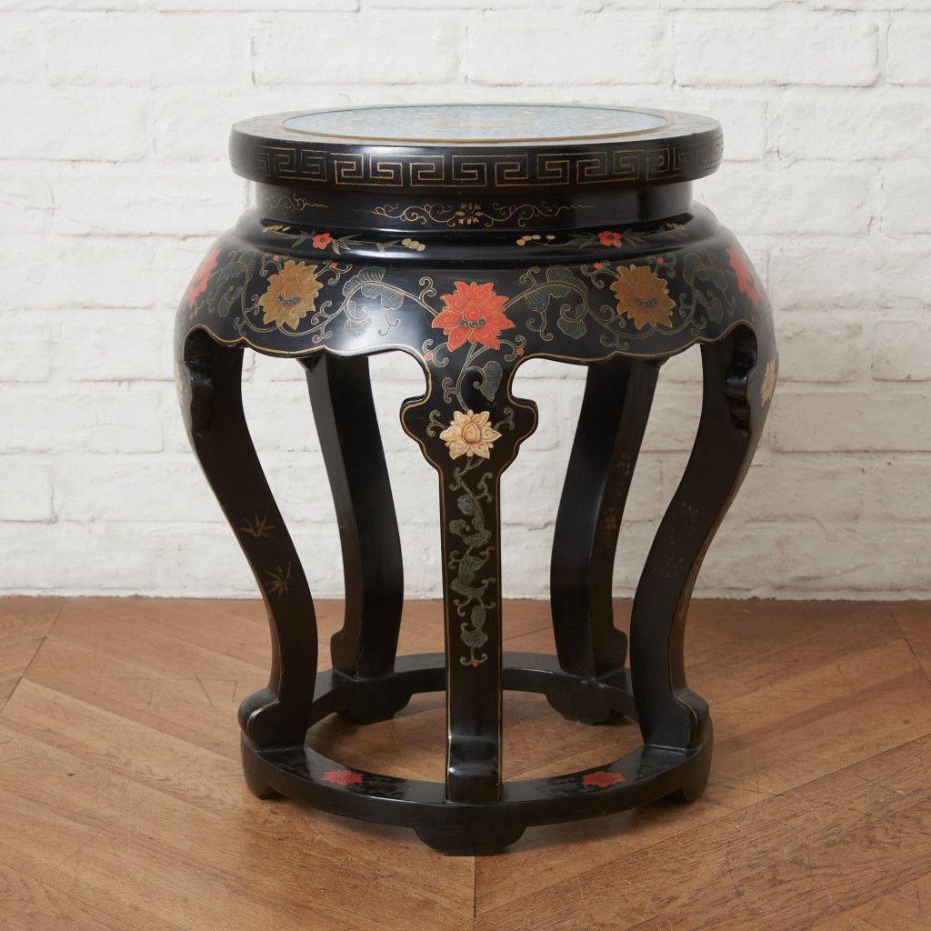 中国美術 七宝 天板 高卓 サイドテーブル 高さ545mm 木彫刻 猫脚 花台