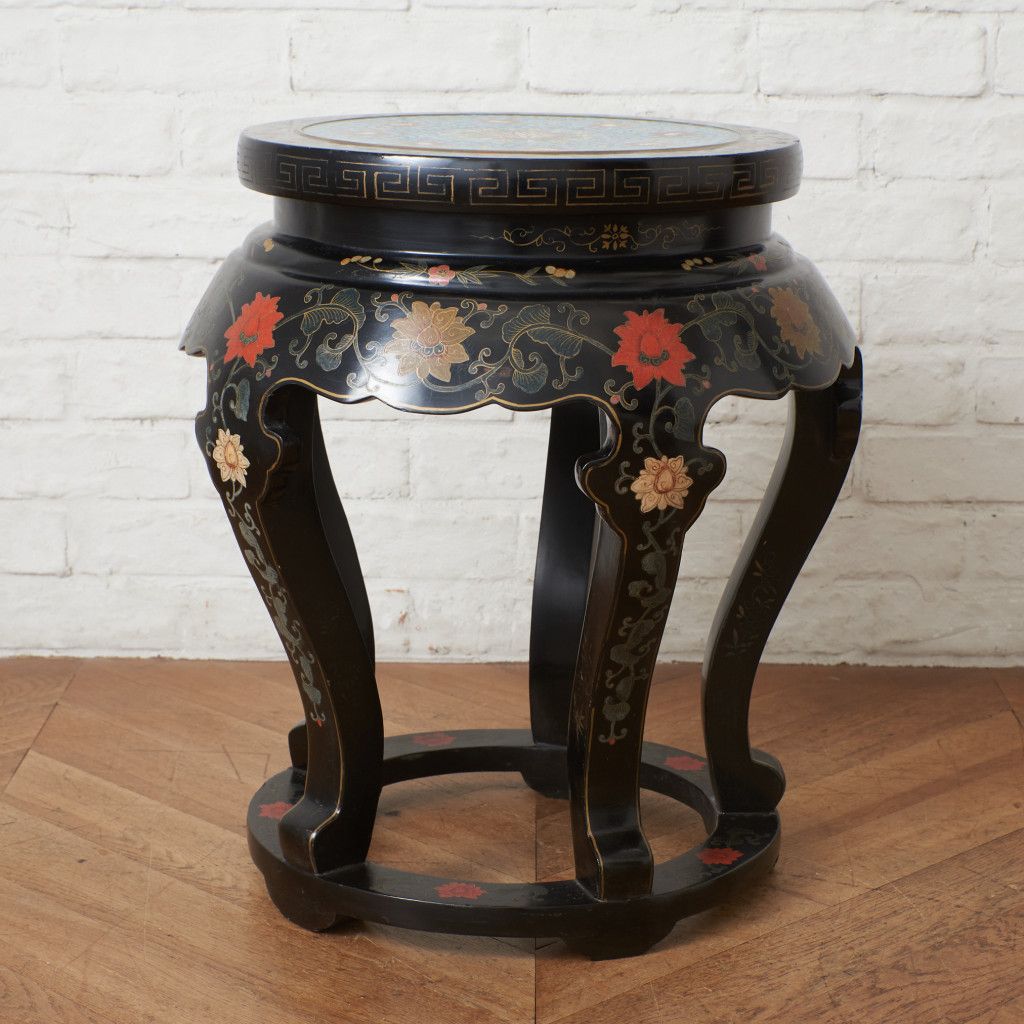 中国美術 七宝 天板 高卓 サイドテーブル 高さ545mm 木彫刻 猫脚 花台