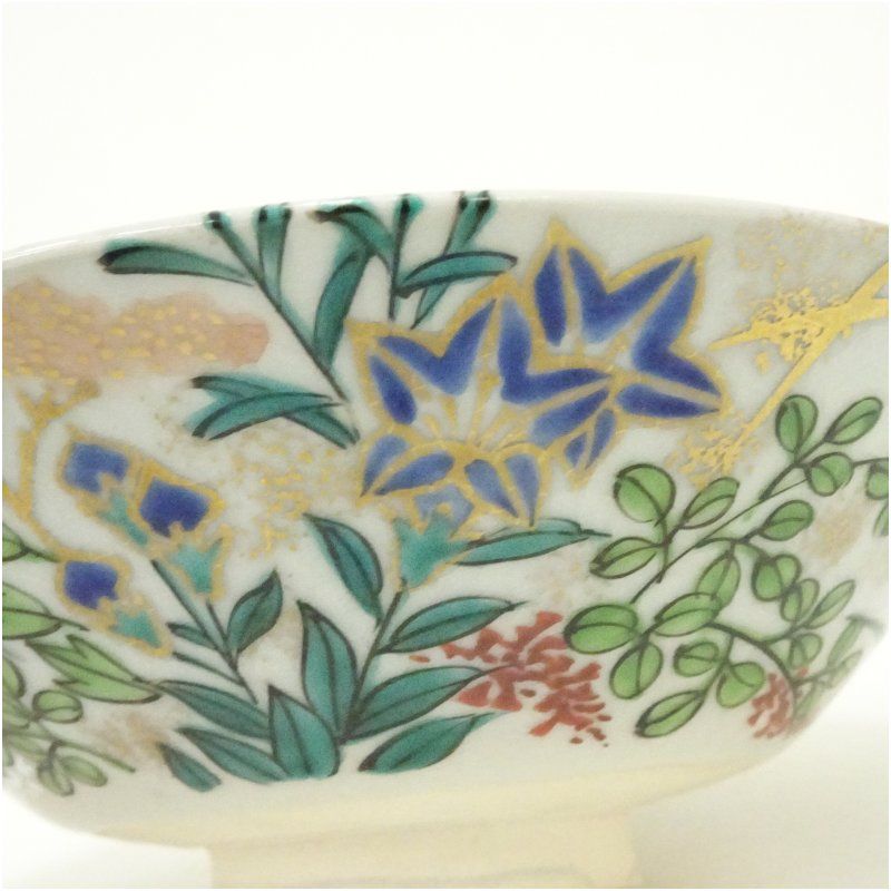 京焼 山澤松篁造 着彩千種絵茶碗（銘：白露）（共箱） 茶道 抹茶