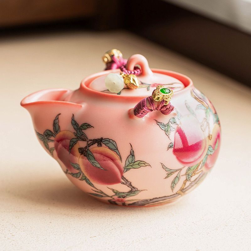 新品未使用 ピンク 汝窯 粉彩九桃 手抓み 陶磁器 茶碗 お茶入れ 家庭用