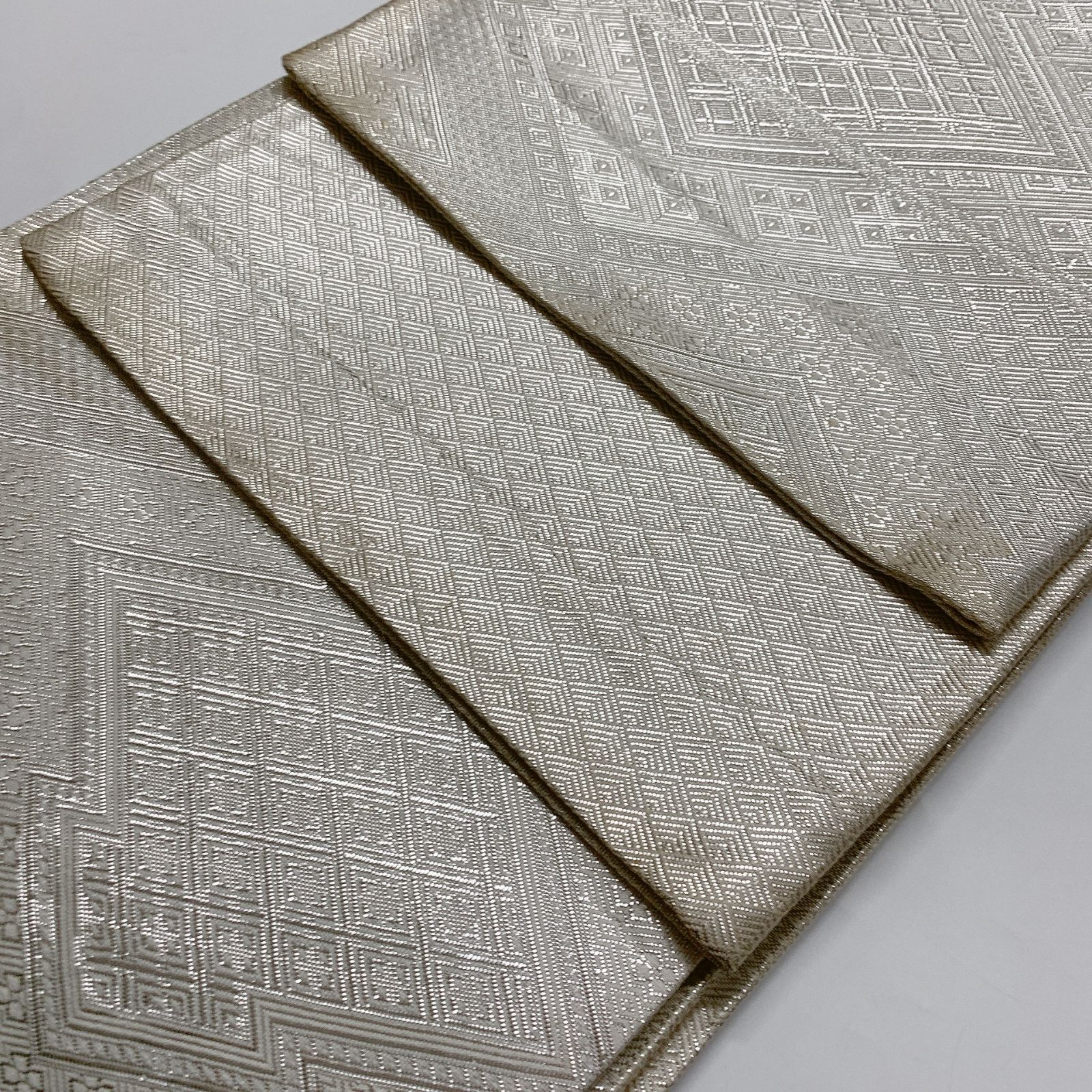 6871］袋帯 佐賀錦 プラチナ箔 シルバー 全通 未仕立て 正絹 着物
