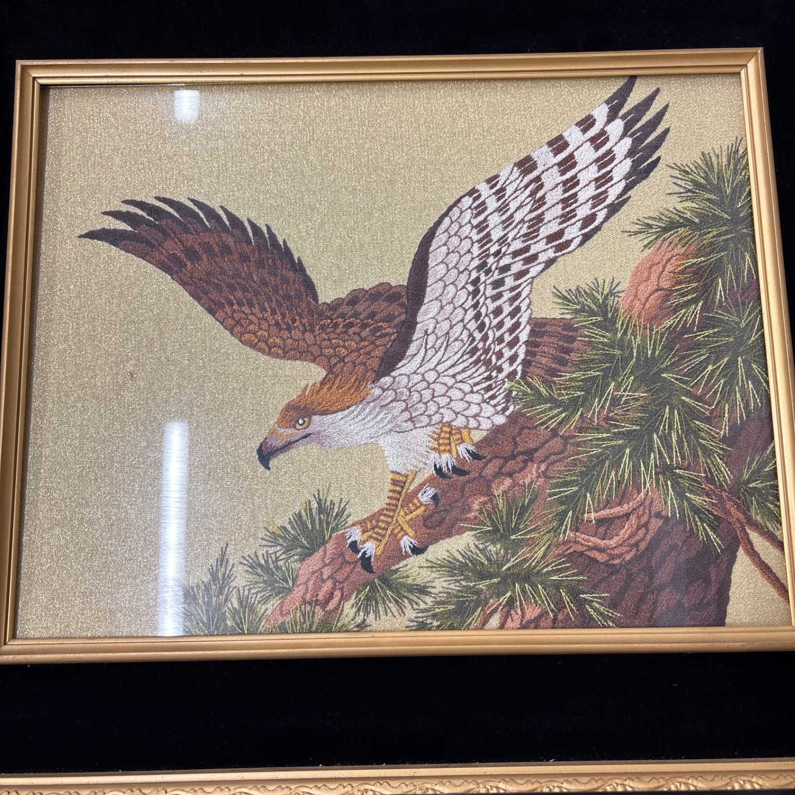 文化刺繍 鷲と松 鷲 額縁 アンティーク 昭和 文化刺繍鷲と松鷲額縁