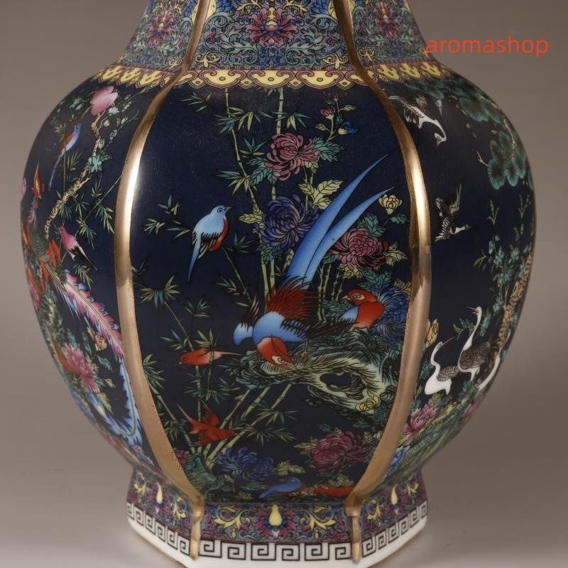 琺瑯黄色窓開け四季花鳥鶴六方花瓶 景徳鎮 陶磁器 装飾品 現代工芸品