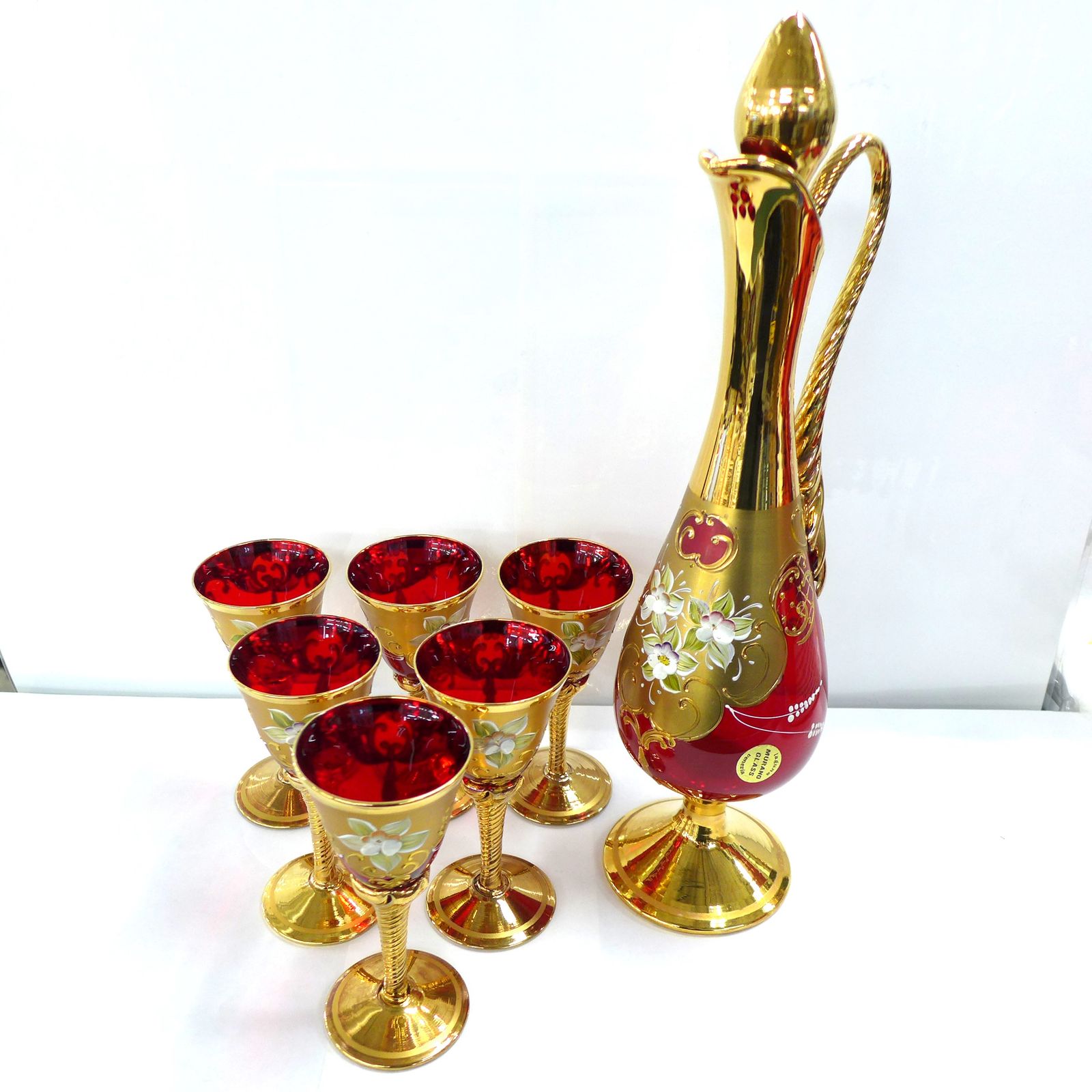 金色花柄ガラスデキャンタ＆グラスセット ベネチアングラス 金色花柄