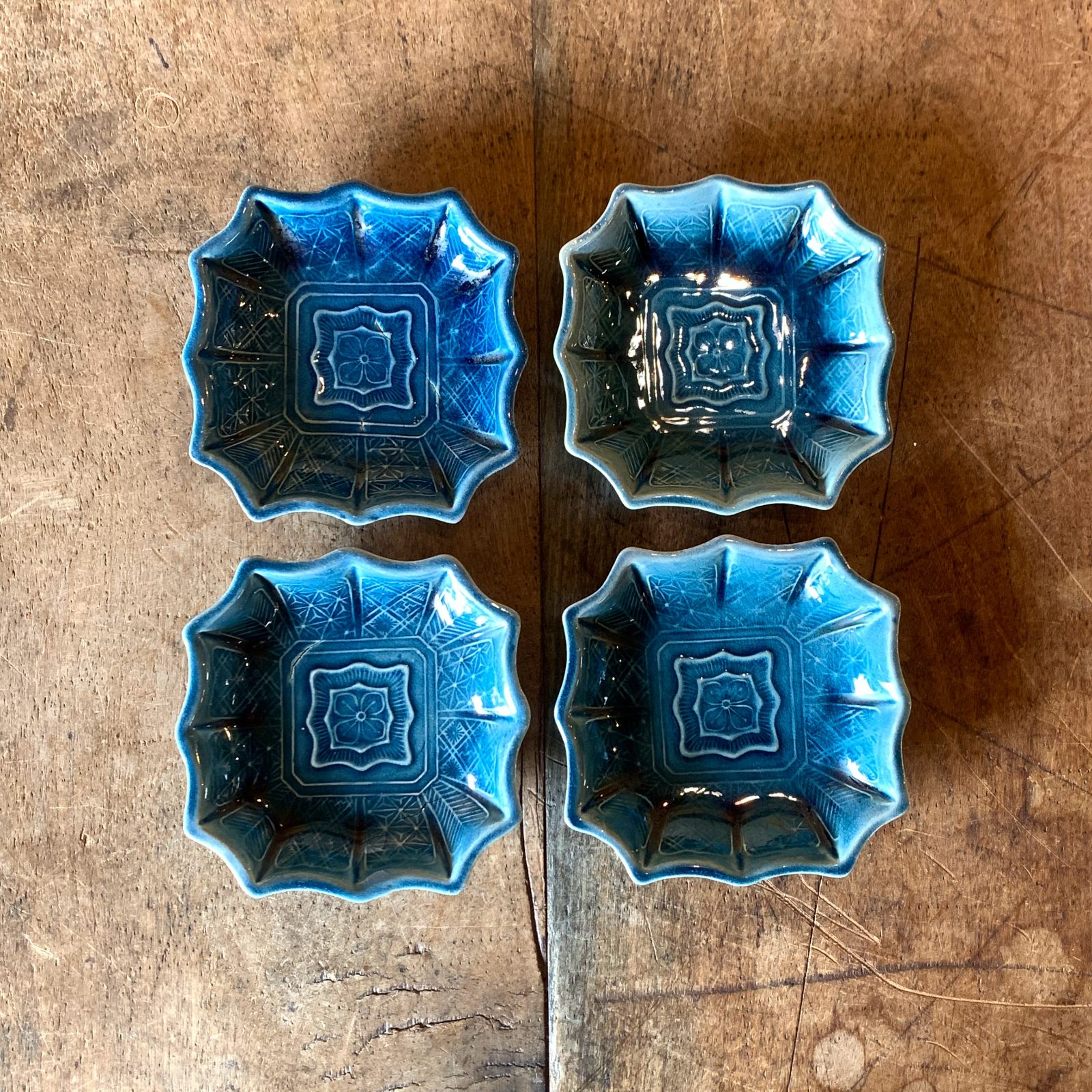 淡路 小売 珉平焼 民平焼 十二画幾何学模様青交趾