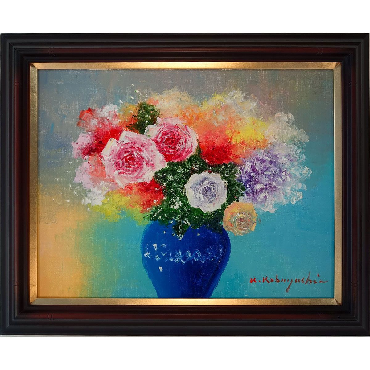 油彩画 小林幸三 「バラ（青い花瓶）」 F6号 額入り 油絵 静物画 額装