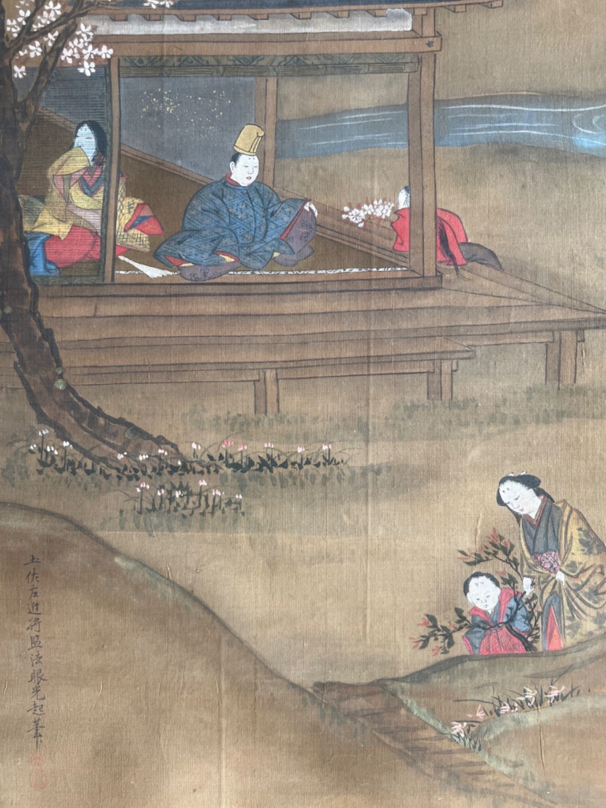 池田桂月筆 酒井抱一写 【4月 牡丹に蝶之図】 絹本掛軸一幅 軸先良品