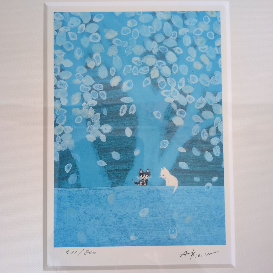 限定版800部 渡辺あきお ダイヤモンドスクリーン版画 猫2匹 卸売