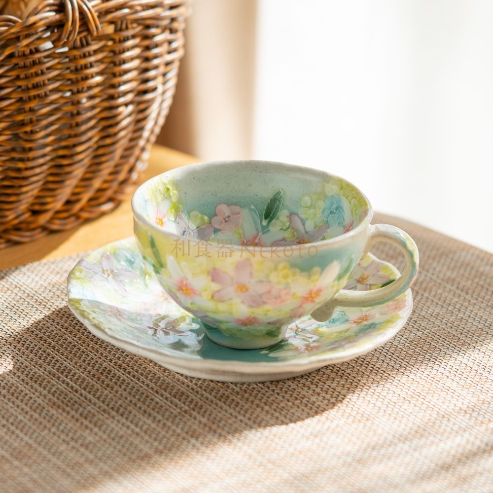 新品ゆずりは工房＊薄紅花景色コーヒー＊碗皿カップ ソーサ― セット 花