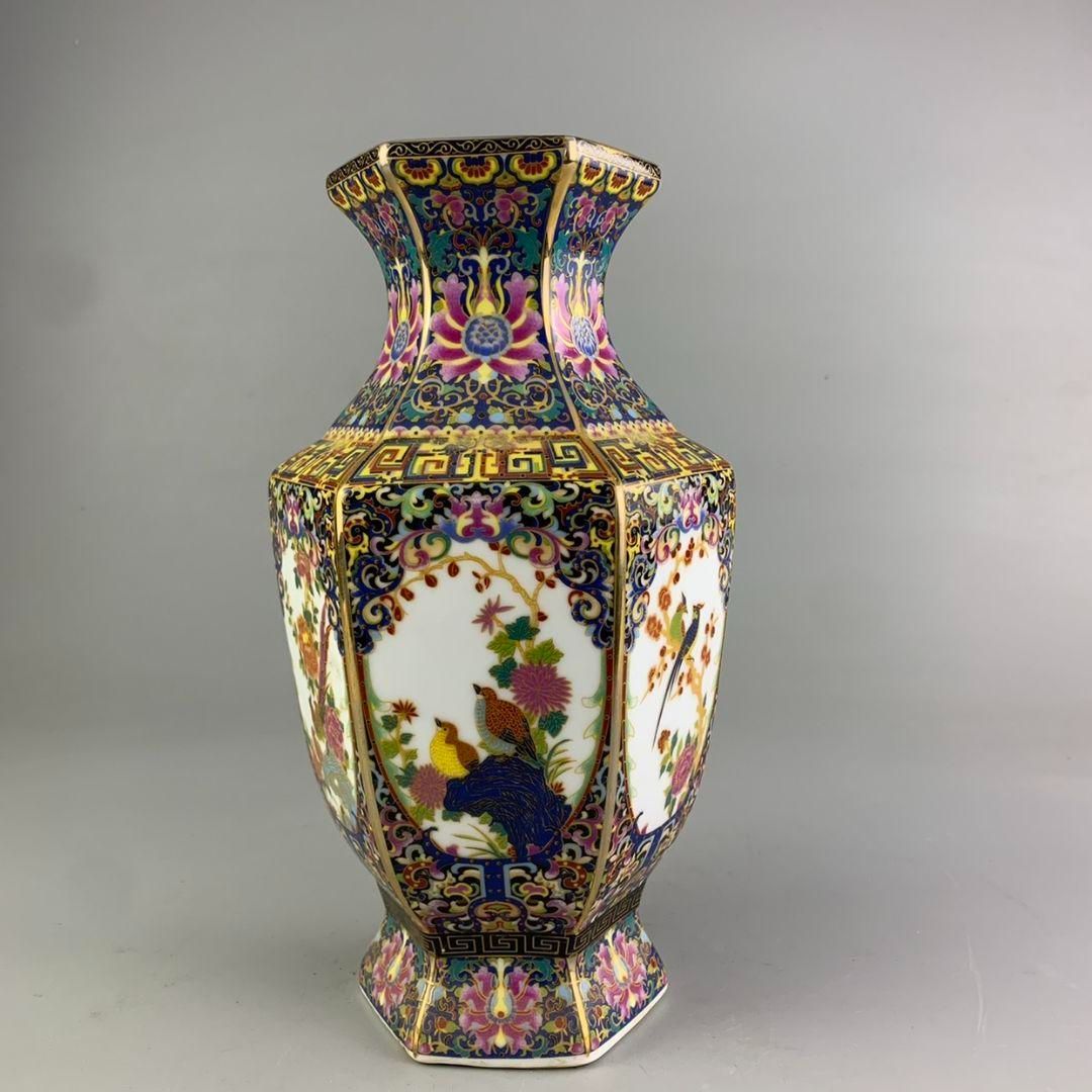 清乾隆蒔金琺瑯彩紫紅花鳥六方花瓶 景徳鎮 陶磁器 装飾品 現代工芸品