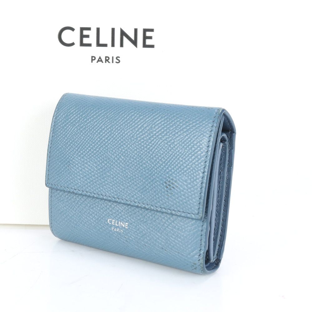 CELINE 割引 セリーヌ 三つ折り財布 レザー ブルー系 コンパクト 楽天