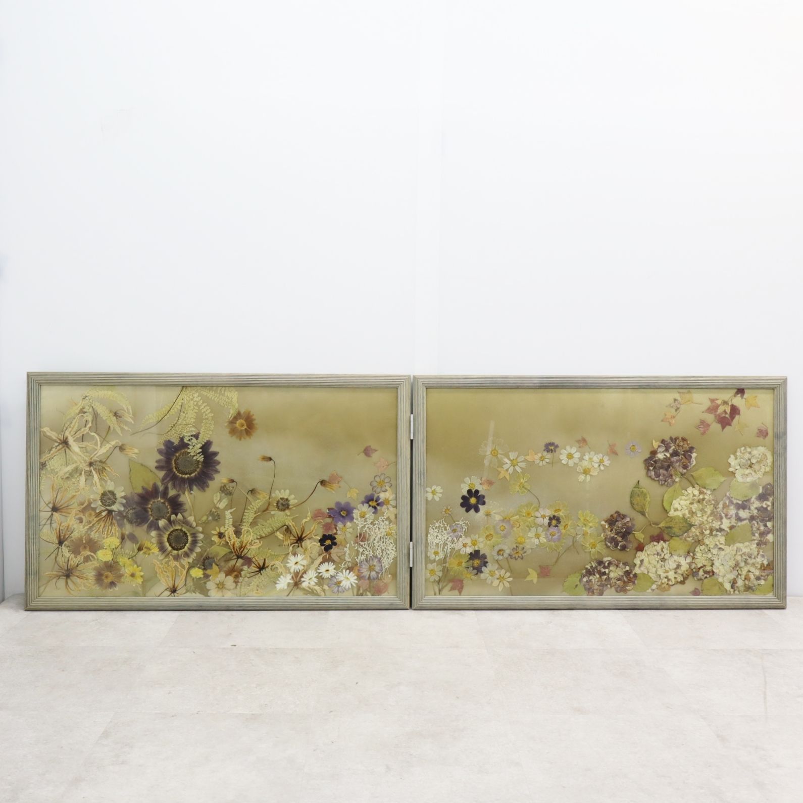 ▽インテリアに!!! 約158.5×49×2.5cm｜2面屏風 押し花