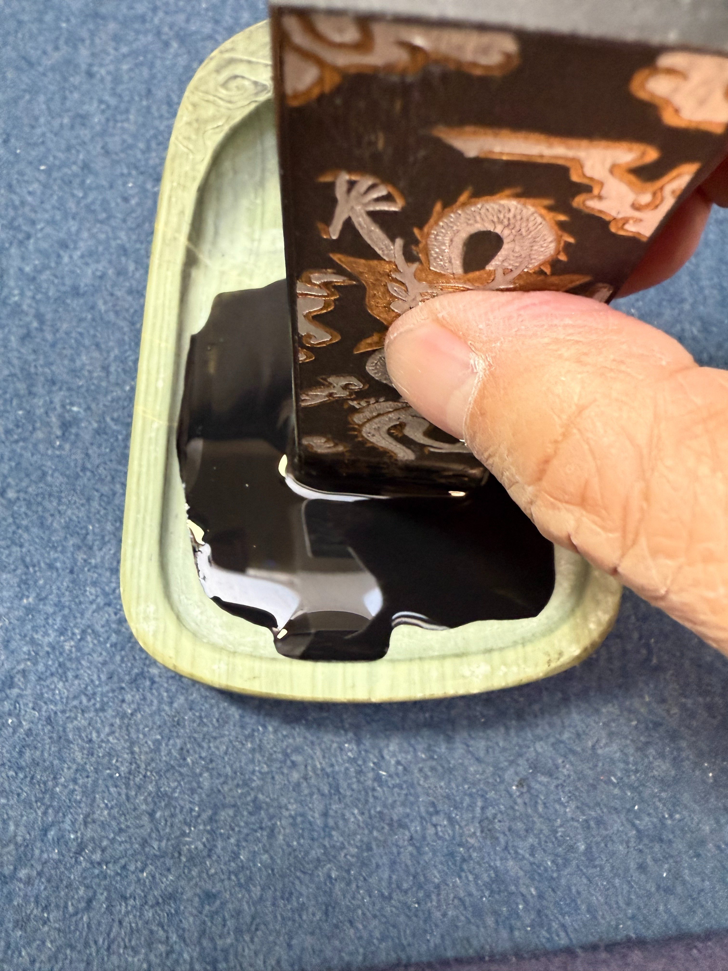 松花江緑石 龍馬波濤文時代硯】◇淡緑に白雲紋美