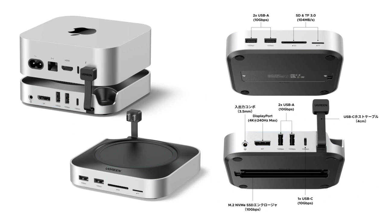 UGREEN、Mac miniのThunderboltポートを2つ使いUSB-A/-CやSD/MicroSD