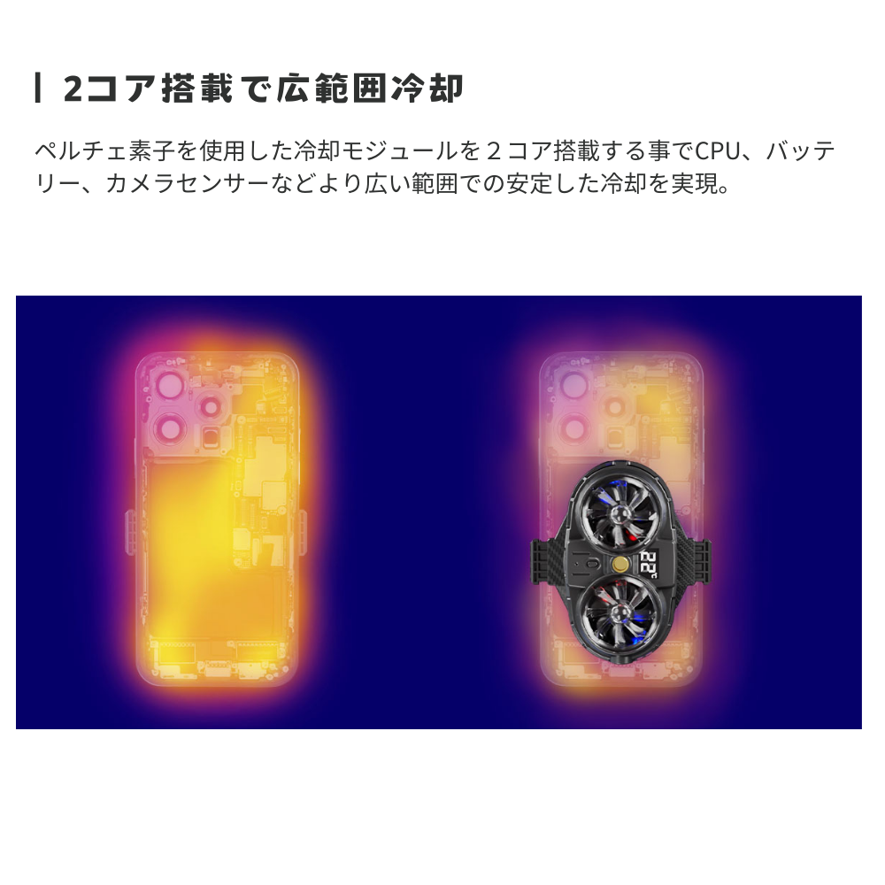 エアリア ペルチェ素子2コア搭載、広範囲でスマホを冷却 PELTIER