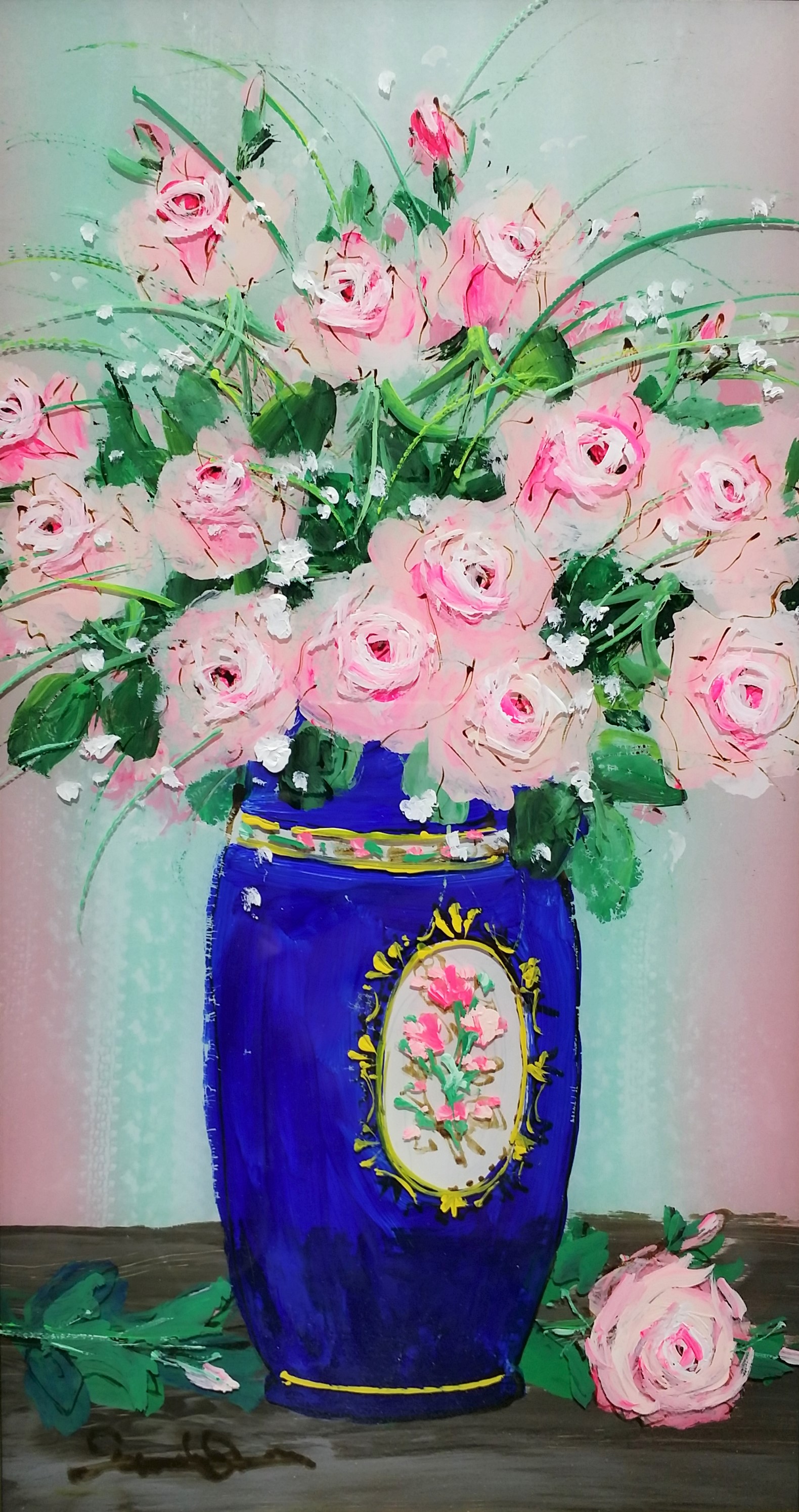 大野剛正 アクラス画 好日 ガラス絵 絵画 油絵 油彩画 花 フラワー 花束