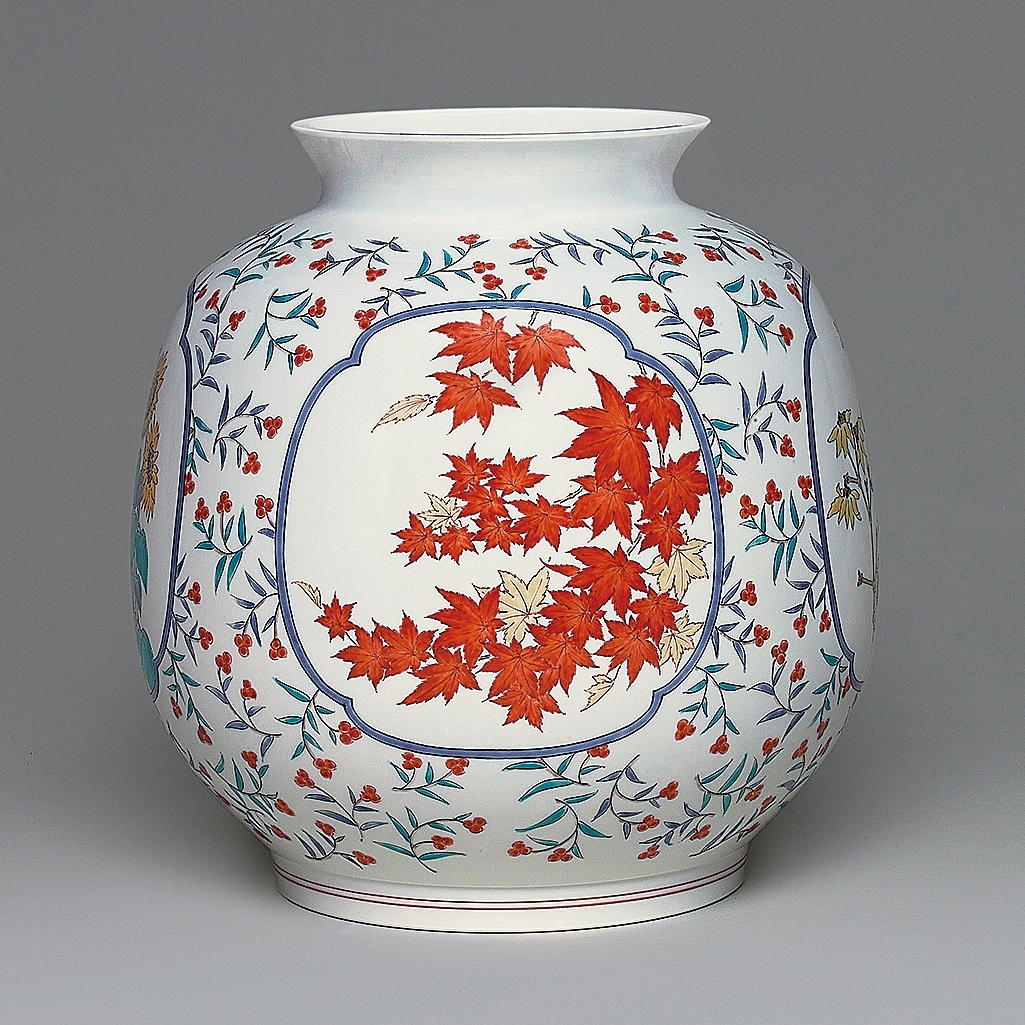 七宝焼 岡田泉作 赤透釉 梅文瓶 花瓶 唐木台付 共箱 V 9133 七宝焼