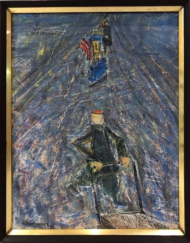 西村功 「 車を引く赤帽」F3号 油彩