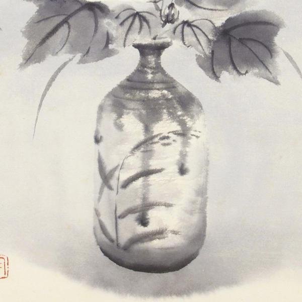 穐月明【芙蓉花】 水墨画 6号 共シール有り 穐月明「芙蓉」水墨画・変形6