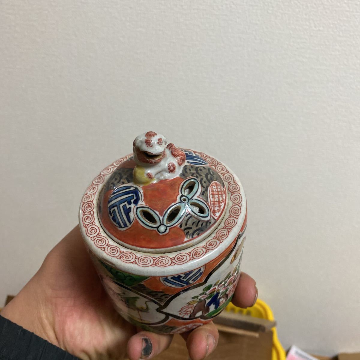 茶道具 九谷焼 香炉 角福 香道具 色絵 獅子 赤絵 三足 九谷焼 角福 獅子