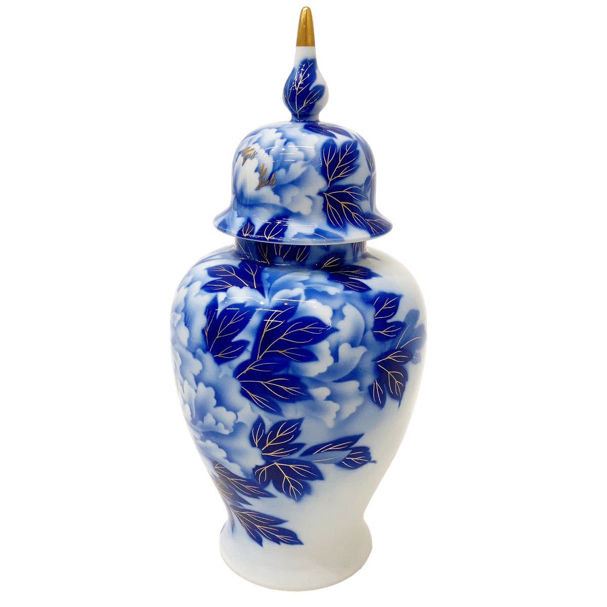 深川製磁 宮内庁御用達 染付 金彩 牡丹冠付 オールド 花瓶 飾り花瓶 沈香