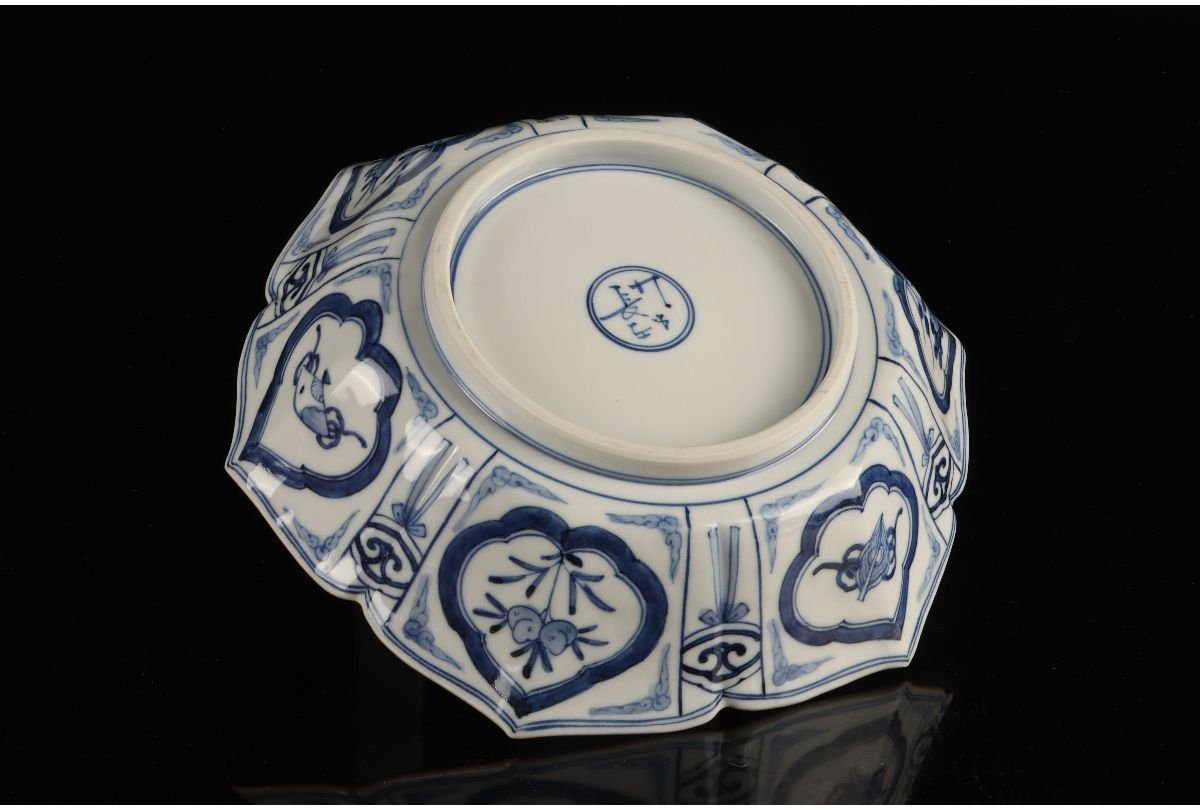 URA]宮内庁御用達/山本長左 作/九谷焼/青華鳳凰文菓子鉢/共箱/