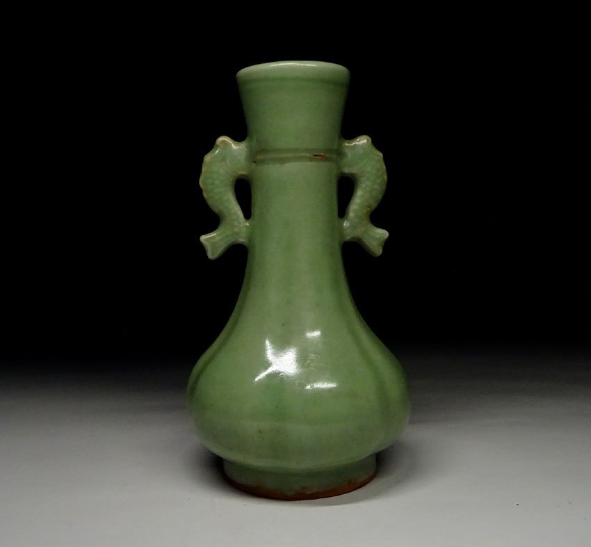 緑屋zc 中国古玩 青磁 双耳 花瓶 龍泉窯 天龍寺青磁 唐物 時代物 i9/1