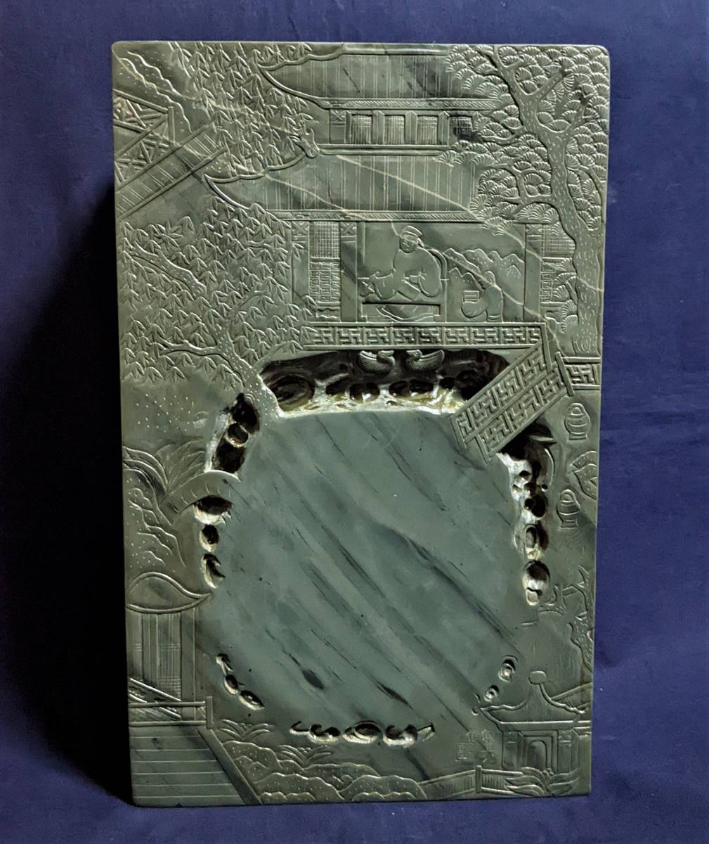 蘭亭硯】◇五台山緑石の特大加厚硯◇群微点状