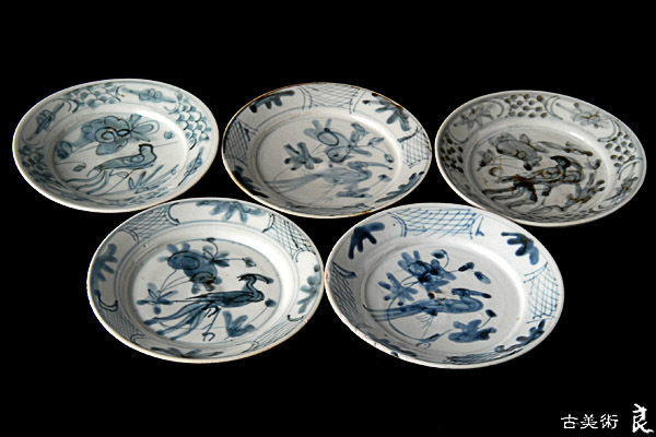 夢工房 古染付 白菜図 玉露 煎茶碗 五客 仕覆入 V-316(染付)｜売買され