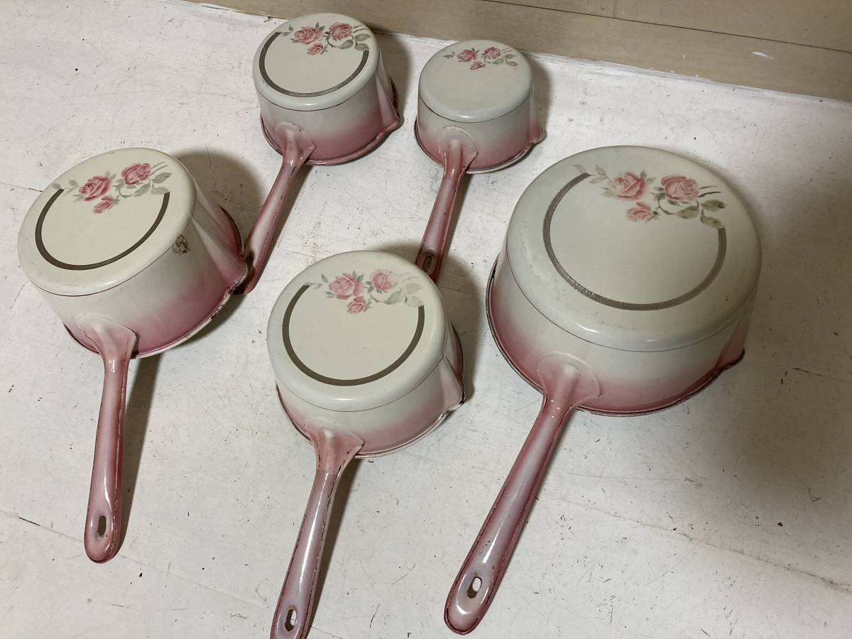 フランスアンティーク ホーロー片手鍋 BB社 ローズガーランド ホーロー