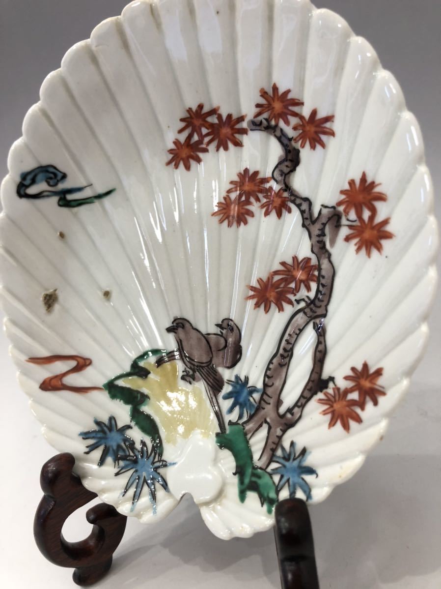 江戸中期 九谷五彩 古九谷色絵花鳥図扇皿(皿)｜売買された