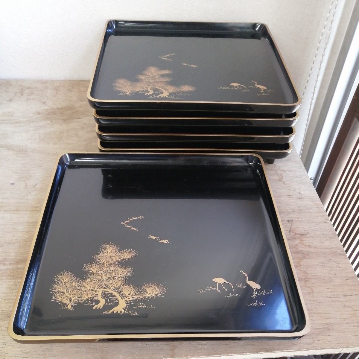 お膳 お盆 蒔絵 松に鶴 木製 漆 漆器 脚付 骨董 アンティーク 5枚