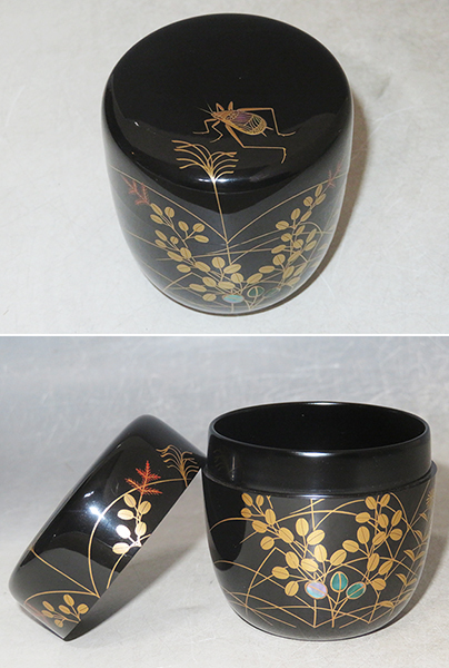 ◇ 茶道具 薄茶器 棗 【 萩に鈴虫 蒔絵 黒中棗 】 加賀蒔絵師 中村