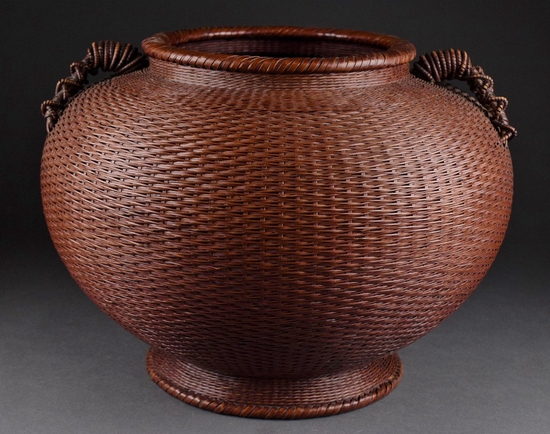 竹清作 渡辺竹清 竹細工 花入耳付花籠竹籠 竹細工 細密編 茶道具