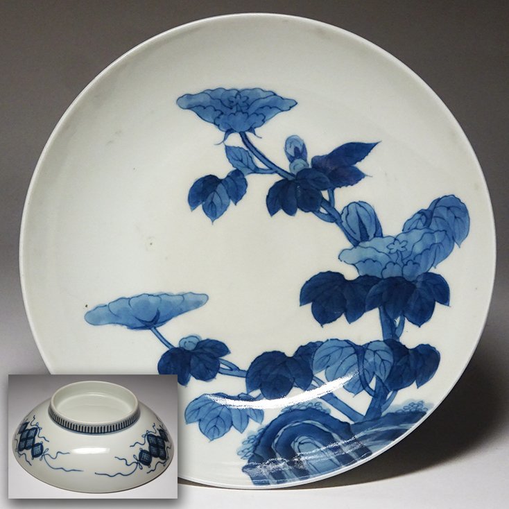 江戸時代後期 後期鍋島 藍鍋島 染付 若松の図 トップ 16.1cm 櫛高台皿