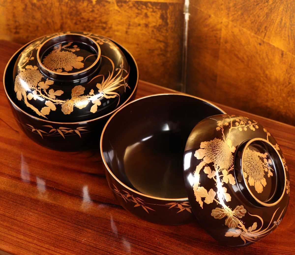 CB36 超絶技巧時代輪島塗 黒塗四君子本金蒔絵椀二客 高盛梨地細密切金
