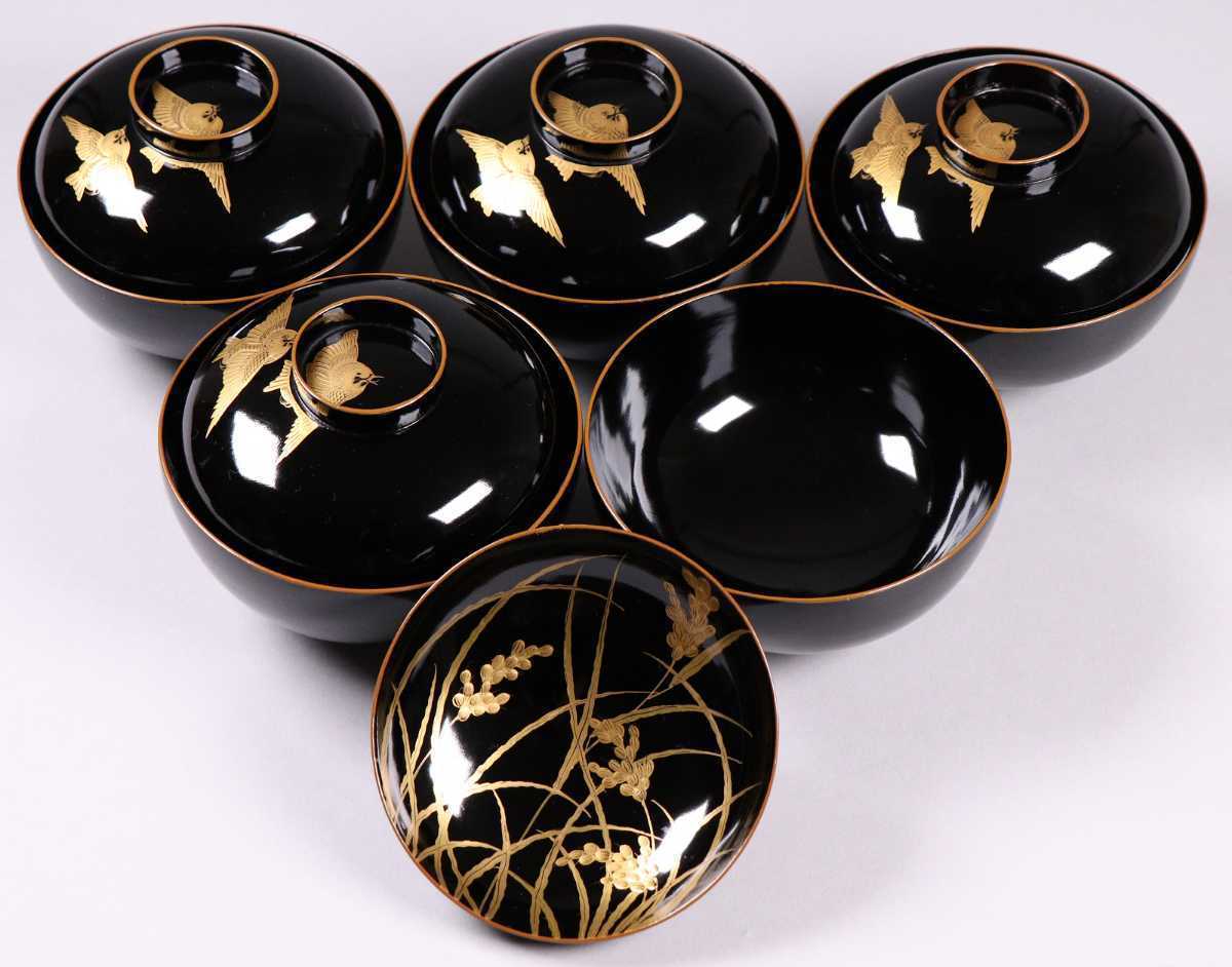 蔦47】輪島塗 稲穂に雀 金蒔絵黒塗汁椀五客 吸物煮物飯椀 伝統工芸品