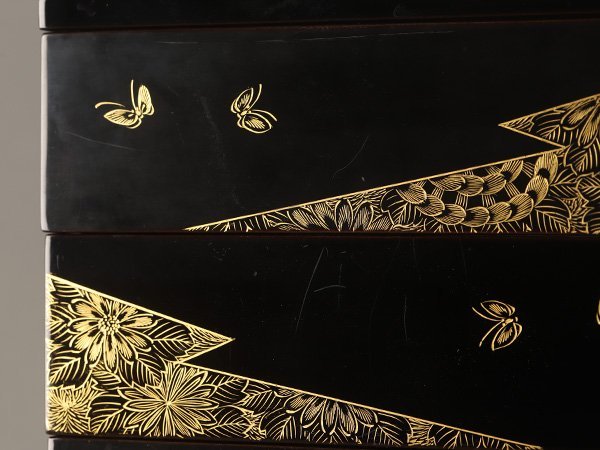 流】能登輪島塗 沈金菊蝶蒔絵五段重箱 共箱 KM392 - 輪島塗 共箱