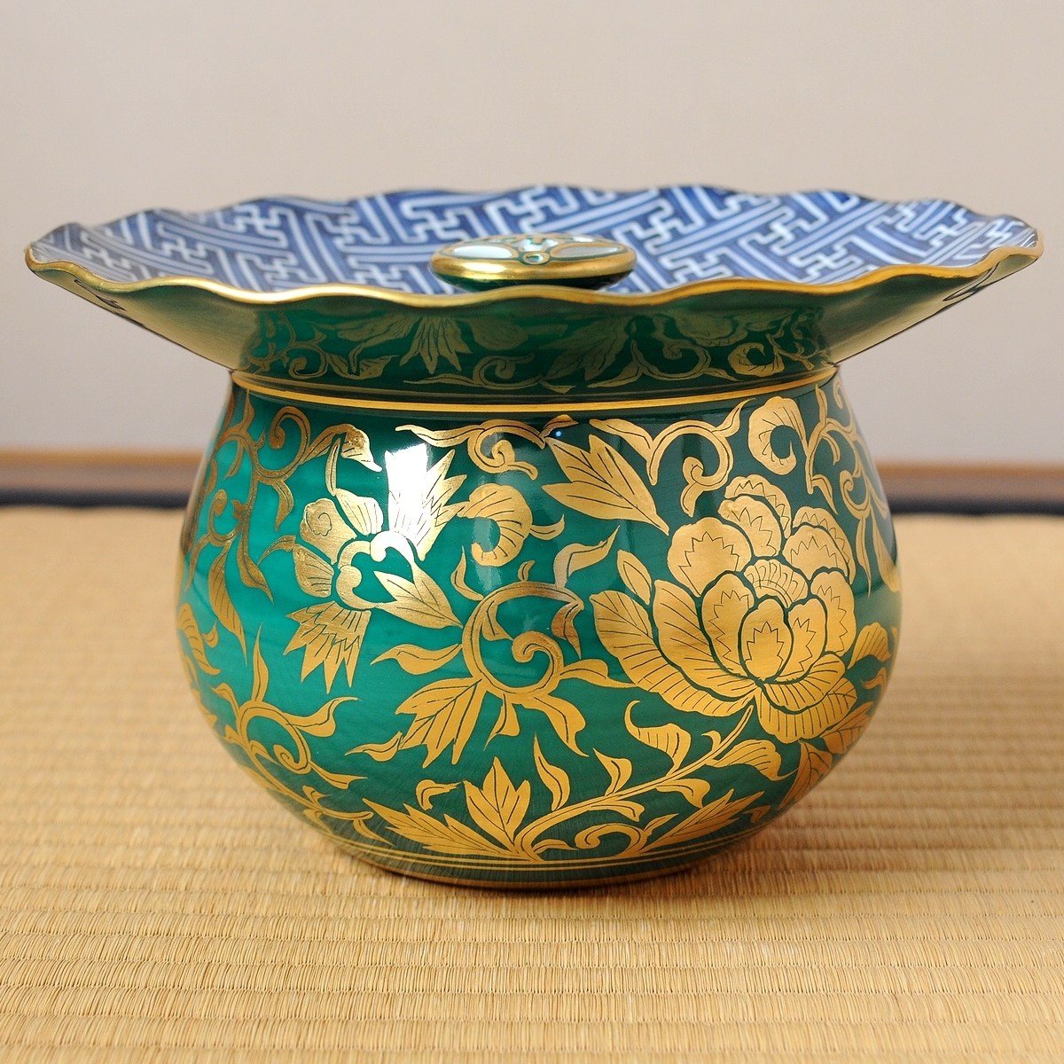 久世久宝青金襴手牡丹唐草菓子鉢共箱茶道具菓子器京焼