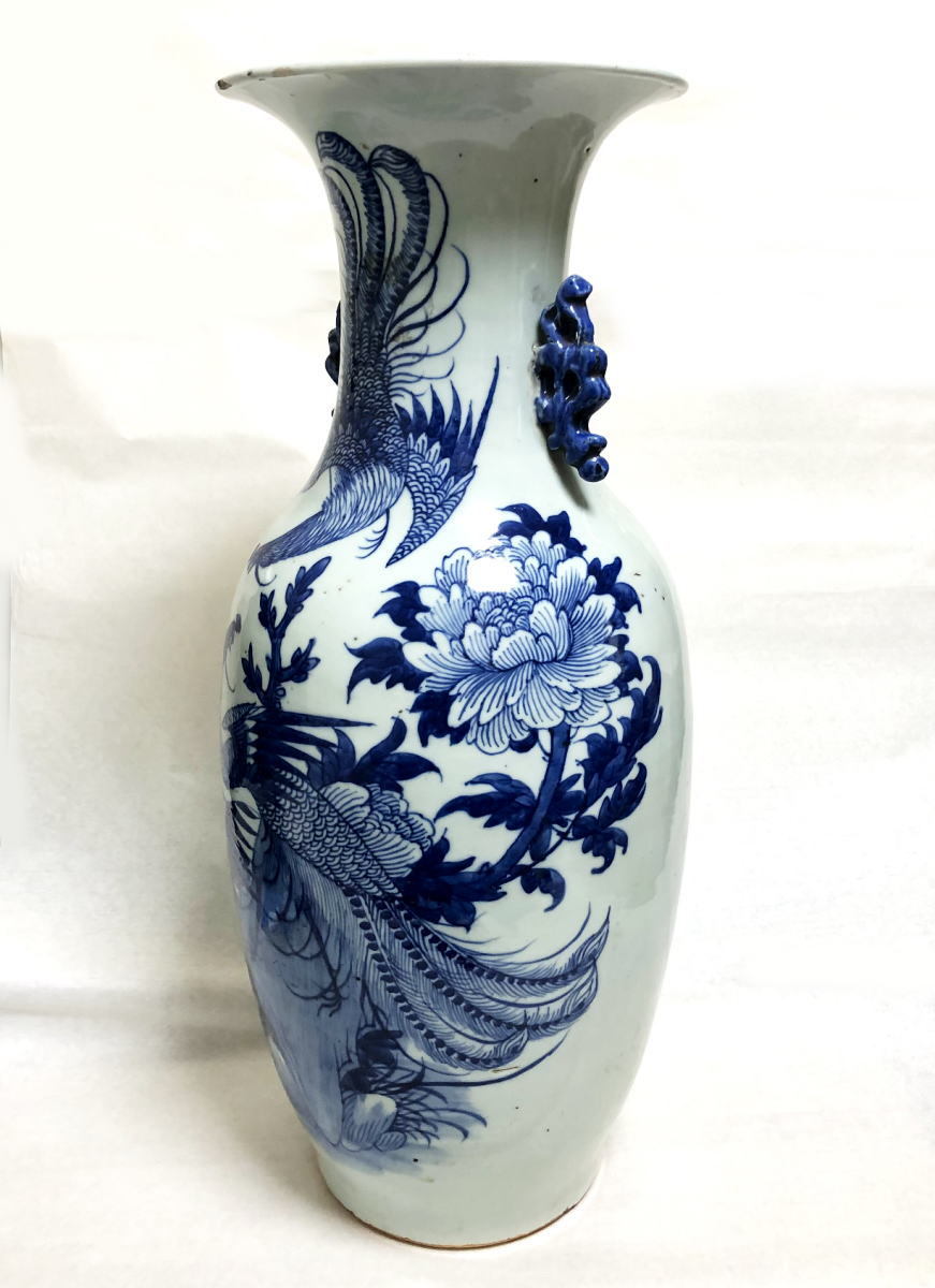 送料無料】清時代中期 古染付 牡丹花鳥紋様 磁器大花瓶 文物商店蝋印鑑