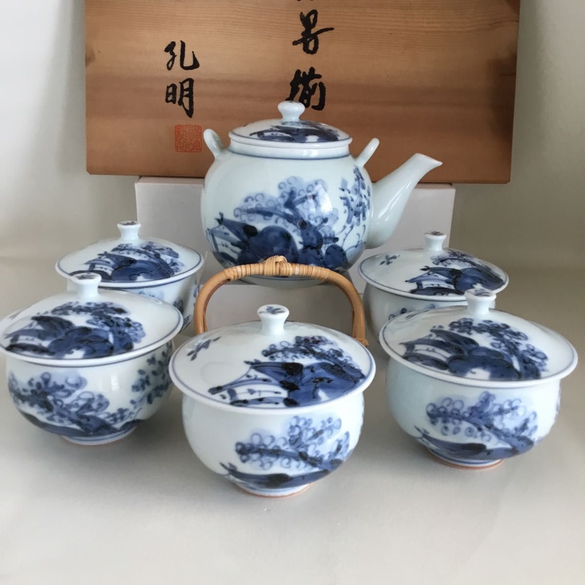 1746 有田焼 染付山水 茶器セット 急須1客 湯冷し1客 湯呑5客 未使用