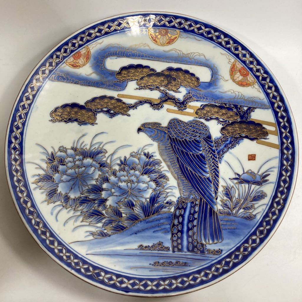 古伊万里江戸後期染付鷹狩り図大皿 伊万里 染付 山水文 大角